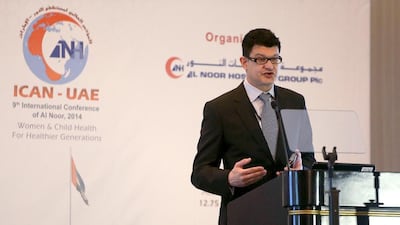 Dr Karim Elmasry addresses an audience at the International Conference of Al Noor Hospital. March 20, 2014. Sammy Dallal / The National