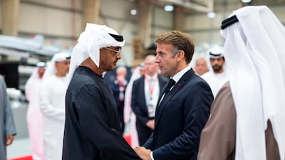 President Sheikh Mohamed and French President Emmanuel Macron visit Tawazun Industrial Park in Abu Dhabi. Abdulla Al Bedwawi / UAE Presidential Court