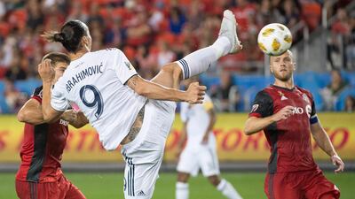 Zlatan Ibrahimovic scores his impressive volley during the first half against Toronto FC. Nick Turchiaro / USA TODAY Sports
