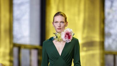 A beautifully simple dress and boots are part of Elie Saab autumn/winter 2023. AP