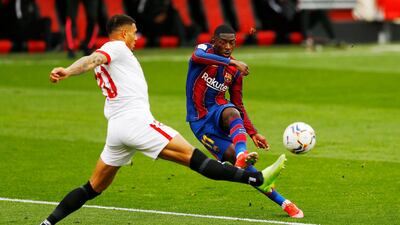 Barcelona's Ousmane Dembele shoots at goal. Reuters