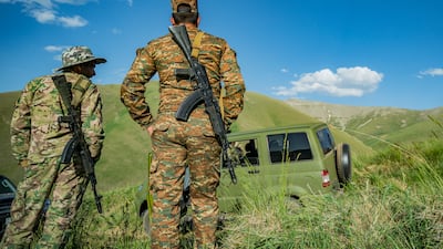 Armenian soldiers patrolling the mountains near the frontier with Azerbaijan in the Gegharkunik valley. Azerbaijan army is interned some kilometers from the official border between Armenia and Azerbaijan. Getty