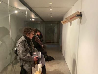 'On Blooming and on Fleeing' is a sound installation and performance script including parts of interviews the artist had with the algae lab researchers. Sabrina Mumtaz Hasan built the speakers herself, and branded them and the science lab stools to give audiences the feeling of being in the lab. Photo: P21 Gallery