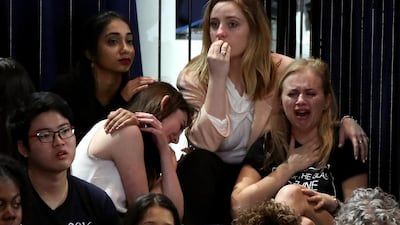 A group of women react as voting results come in at Democratic presidential nominee former Secretary of State Hillary Clinton’s election night event at the Jacob K. Javits Convention Center in New York City. Drew Angerer / Getty Images / AFP