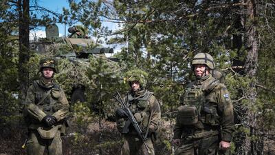 Finnish soldiers take part in the military exercise Arrow 22 in Niinisalo, Finland, as the country moves towards Nato membership. AFP