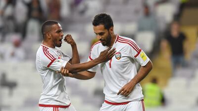 UAE striker Ali Mabkhout, right, scored the equaliser against Saudi Arabia before Ahmed Khalil's winner on 59 minutes. Giuseppe Cacace / AFP