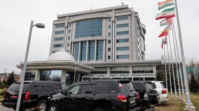 Cars are parked outside Rixos President Hotel, the venue for Syria peace talks, in Astana on October 30, 2017. Stanislav Filippov / AFP