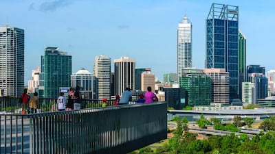 The Perth skyline seen from the city’s Kings Park observation deck. The 400-hectare park overlooks the Swan River and has notable walking trails. Getty Images