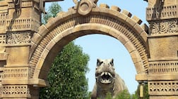 The entrance to T-Rex Glamping at Dubai Parks and Resorts. Chris Whiteoak / The National