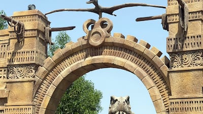 The entrance to T-Rex Glamping at Dubai Parks and Resorts. Chris Whiteoak / The National