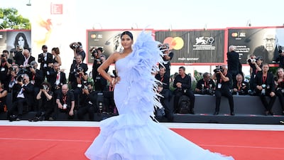 Farhana Bodi in a powder-blue gown by Lebanese house Maison Geyanna Youness. Getty Images