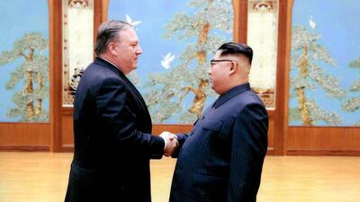 Mr Pompeo, who first travelled to North Korea as CIA chief in early April, is only the second sitting secretary of state to visit the reclusive nation with which it is still technically at war. White House via AP