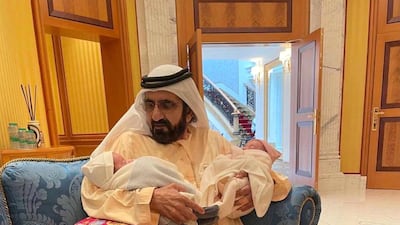 Sheikh Mohammed bin Rashid with his grandchildren Rashid and Sheika. Courtesy: Sheikh Hamdan bin Mohammed / Instagram