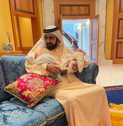Sheikh Mohammed bin Rashid, Vice President and Ruler of Dubai, with his grandchildren Sheikh Rashid and Sheikha Shaikha. Photo: Sheikh Hamdan bin Mohammed / Instagram
