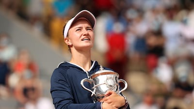 Barbora Krejcikova holds the Suzanne Lenglen trophy after winning the French Open at Roland Garros. Getty