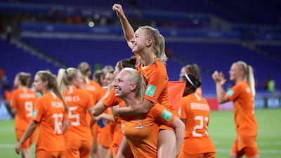Jackie Groenen and Inessa Kaagman of the Netherlands celebrate victory against Sweden at Stade de Lyon. Alex Grimm / Getty Images