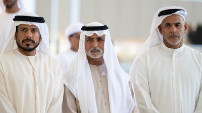Sheikh Sultan bin Tahnoon, chairman of the board of directors of the Frontline Heroes Office, Sheikh Nahyan bin Mubarak, Minister of Tolerance and Coexistence, and Sheikh Khalifa bin Saif bin Mohamed, at the meeting. Abdulla Al Bedwawi / UAE Presidential Court