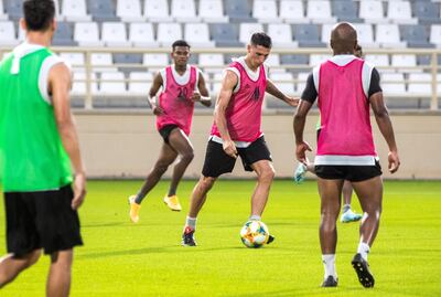 Sebastian Tagliabue, centre, takes part in a training session with his Al Wahda teammates at Al Nahyan Club in Abu Dhabi. Victor Besa / The National