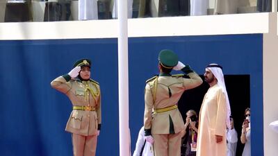 Sheikh Mohammed bin Rashid and Sheikh Hamdan raise the UAE flag under Al Wasl Plaza at the Expo Dubai 2020 site for flag day. Photo: Screengrab from Dubai Media Office live feed