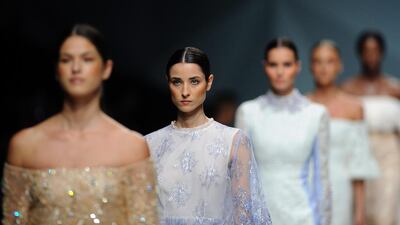 Models walk the runway at the Madiyah Al Sharqi show during Fashion Forward. Stuart C. Wilson / Getty Images for Fashion Forward
