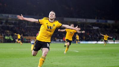 Wolverhampton Wanderers' Diogo Jota celebrates scoring their second goal. Reuters