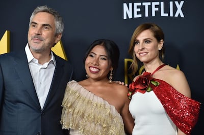 'Roma' director Alfonso Cuaron, and actresses Yalitza Aparicio and Marina de Tavira. AFP