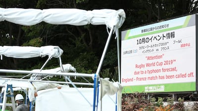 A sign outside of the Yokohama Stadium informs of the cancellation of the England v France game due to typhoon forecast. Getty