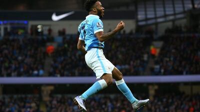Raheem Sterling of Manchester City celebrates scoring the team’s opening goal on Saturday against Sunderland. Alex Livesey / Getty Images