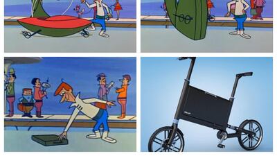 Rocket in a briefcase: We might not quite be at a tech-age when we can pack our spaceship into a briefcase, but plenty of other modes of transport can be, including bikes, strollers and electric scooters. Courtesy Bikoff, Hanna-Barbera Productions