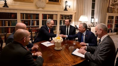 Israel's Prime Minister Benjamin Netanyahu, third left, meets White House envoys Steve Witkoff and Jared Kushner, second and third right, in Washington. Photo: Israel Prime Minister's Office