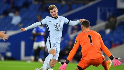 Timo Werner goes around Brighton's goalkeeper Mat Ryan to win Chelsea a penalty. EPA