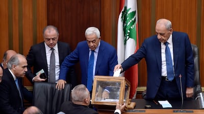 Lebanese Parliament Speaker Nabih Berri casts his vote during a parliament session to elect a new president. EPA
