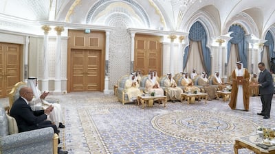 Sheikh Mohamed bin Zayed and Mohamed Ghazouani, President of Mauritania, witness the signing of an agreement between Ismael Ahmed, Minister of Foreign Affairs and International Co-operation, and Ali Al Shamsi, Deputy Secretary-General of the UAE Supreme National Security Council, during an official visit at Qasr Al Watan. Hamad Al Kaabi / Ministry of Presidential Affairs