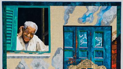 Egyptian chair-carver Abu Ali with his gilded creation on one of Bowker's quilts, which take years to make: "A quilt implies time and effort in a different way. There are ripples and bumps and an almost three dimensional feel to the surface. And they absorb colour, which adds depth. When you display a quilt, people reach out straight away and want to touch it."