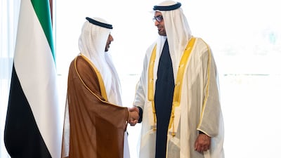 President Sheikh Mohamed with UAE Ambassador to Hungary Rashid Al Tunaiji, left. Photo: UAE Presidential Court