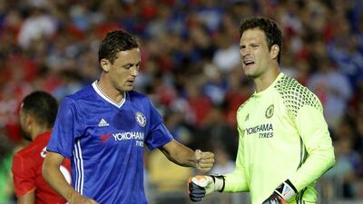 Chelsea goalkeeper Asmir Begovic, right, is congratulated by Nemanja Matic after making a save against Liverpool in the first half during the 2016 International Champions Cup at Rose Bowl on July 27, 2016 in Pasadena, California. Chelsea defeated Liverpool 1-0. Jeff Gross / Getty Images