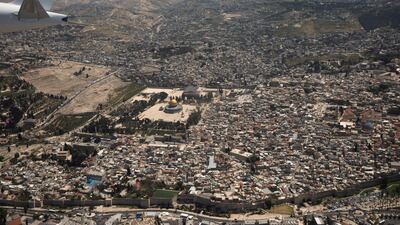 An aerial view of Jerusalem's Old City seen during a flyover by a plane on Israel's Independence Day, which marks the 73rd anniversary of its creation. Reuters