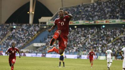 Ahmed Khalil celebrates during a match against Saudi Arabia. Al Ittihad / Anas Kanni