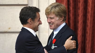 US actor Robert Redford is congratulated by France's president Nicolas Sarkozy after receiving the Knight of the Legion of Honour award at the Elysee Palace in Paris, in October 2010. AFP