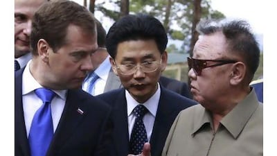 Kim Jong-il meets Dmitry Medvedev at a military garrison outside the Siberian city of Ulan-Ude yesterday. It was the North Korean leader's first trip to Russia since 2002. Dmitry Astakhov, RIA Novosti / AP Photo