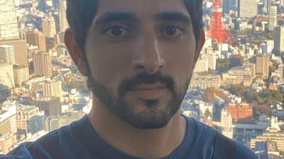 Sheikh Hamdan with the Tokyo Tower in the background during his visit to Japan. Instagram / Sheikh Hamdan