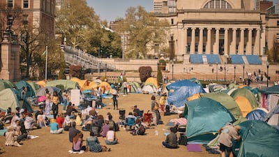 Pro-Palestine demonstrators gather on the campus of Columbia University. AP