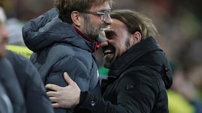 Soccer Football - Premier League - Norwich City v Liverpool - Carrow Road, Norwich, Britain - February 15, 2020 Liverpool manager Juergen Klopp with Norwich City manager Daniel Farke before the match REUTERS/Chris Radburn EDITORIAL USE ONLY. No use with unauthorized audio, video, data, fixture lists, club/league logos or "live" services. Online in-match use limited to 75 images, no video emulation. No use in betting, games or single club/league/player publications. Please contact your account representative for further details.