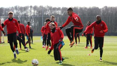 Daley Blind of Manchester United and Jesse Lingard of Manchester United compete for the ball during a training session ahead of the Uefa Europa League round of 16 second leg match between Manchester United and Liverpool at Aon Training Complex on March 16, 2016 in Manchester, England. (Photo by Steve Bardens/Getty Images)