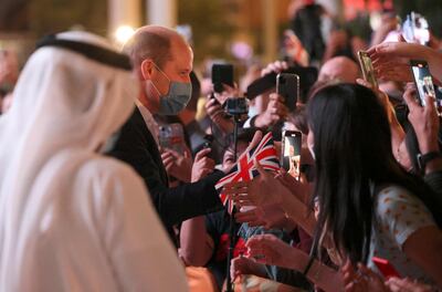 The Duke of Cambridge greets people as he visited the UK pavilion at Expo 2020 Dubai. Karim Sahib / AFP