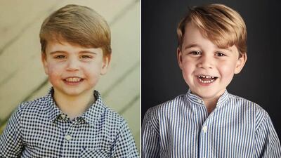 The new photo of Prince Louis, 2, left, bears a strong resemblance to the picture of his older brother, Prince George, shared to mark his fourth birthday in July 2017. Instagram / katsroyalletters, kensingtonroyal