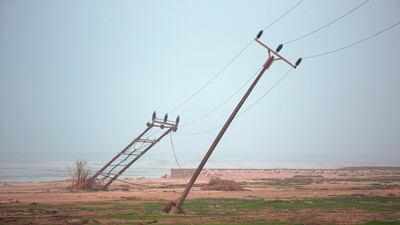 Two power poles, looking towards the ocean from Mughsail Beach. Antony Hansen for The National