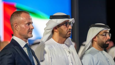 Dr Sultan Al Jaber, Minister of Industry and Advanced Technology and managing director and group chief executive of Adnoc, attends the Make it with Adnoc Forum on Sunday. Ryan Lim for The National