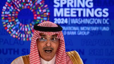 Saudi Finance Minister Mohammed Al Jadaan speaks at IMF headquarters in Washington. AFP