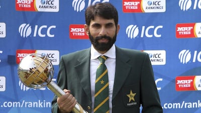 Pakistan Test cricket skipper Misbah-ul-Haq holds test mace handed over by International Cricket Council chief executive David Richardson during a ceremony at Gaddafi Stadium in Lahore, Pakistan. Australia will host Pakistan in the first of three Tests beginning December 15, 2016, in Brisbane. K.M. Chaudary / AP